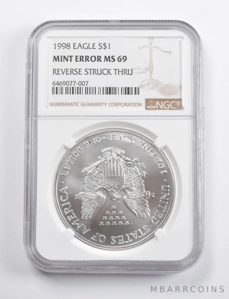 Mint Error MS69 1998 American Silver Eagle REV Struck Thru NGC a3459