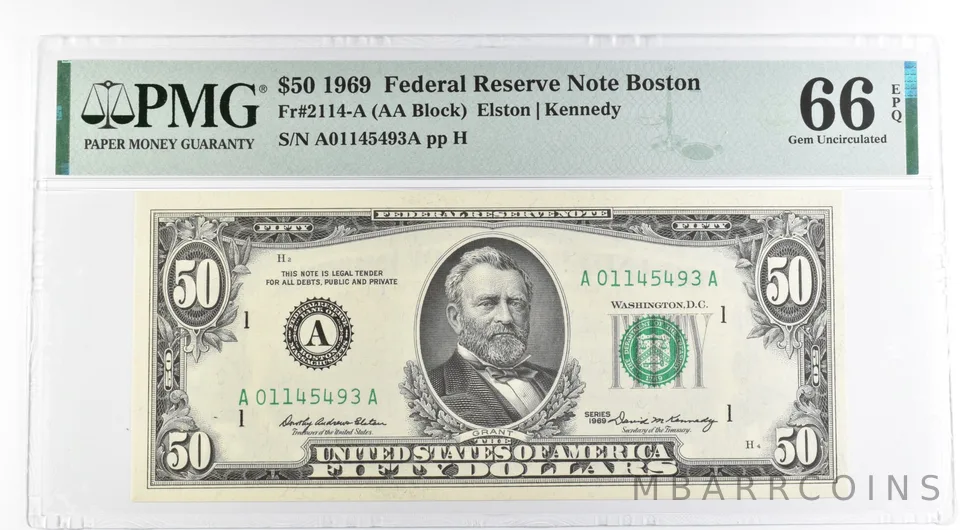1969 $50 Boston MA US FRN Fr#2114-A 66 Gem Unc EPQ PMG *8501