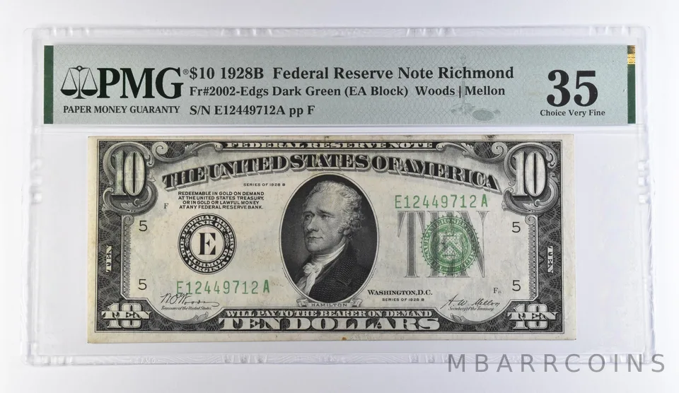 1928 B $10 Richmond VA FRN Fr#2002-Edgs Dark Green Choice VF 35 PMG *9385