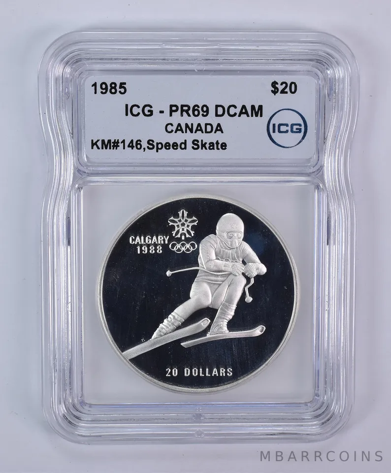 1985 Canada 20 Dollars Calgary Olympics Speed Skate KM#146 PR69 DCAM ICG