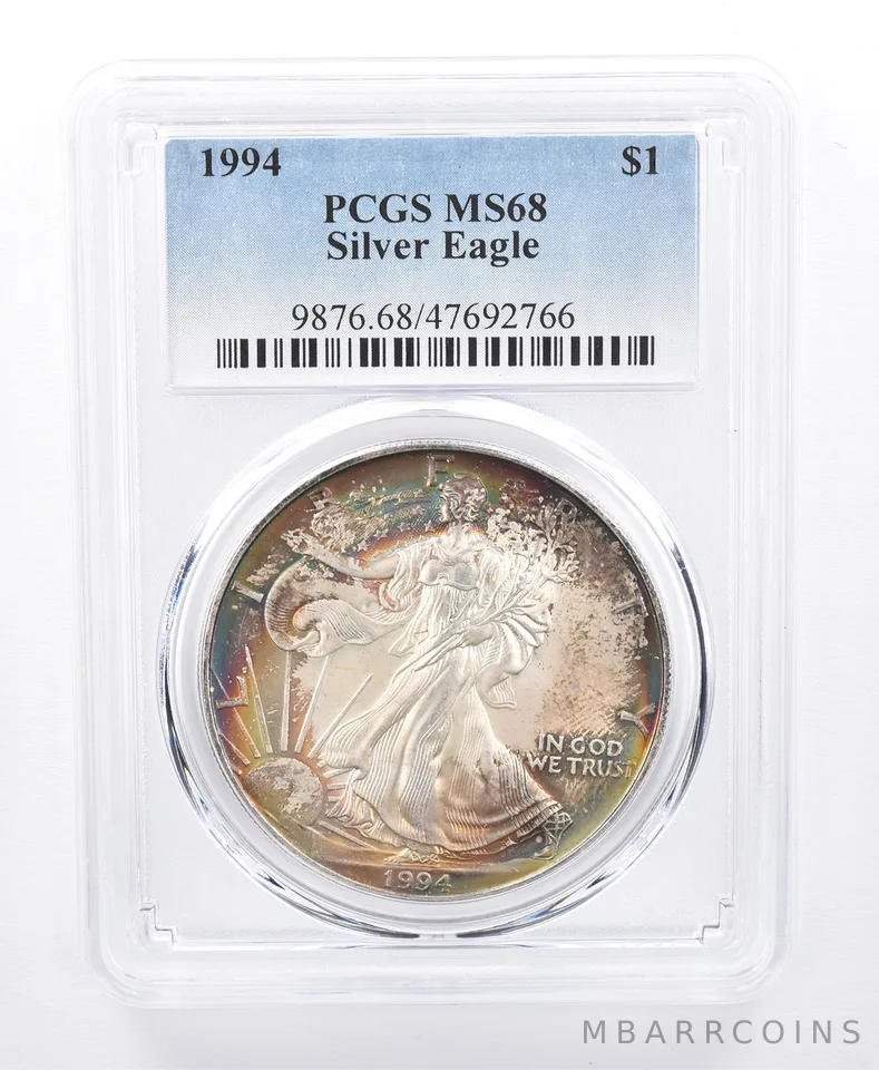 1994 American Silver Eagle MS68 PCGS Rainbow Tone *8665
