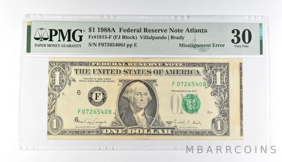 PMG 30 VF $1 1988A FRN Atlanta Fr#1915-F Misalignment Error a3181