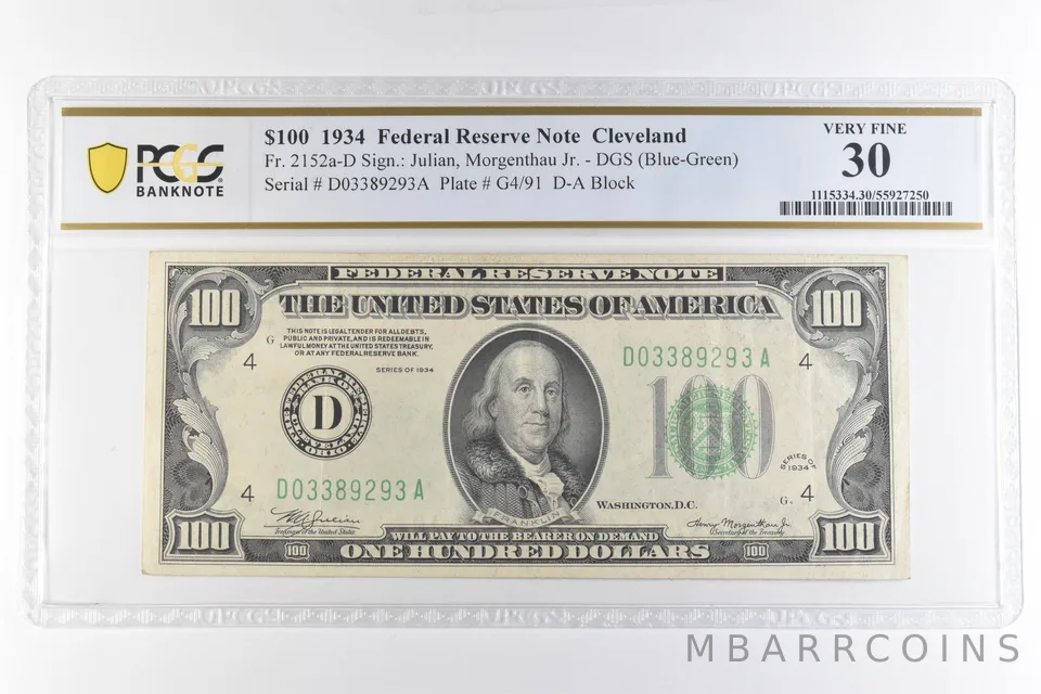 1934 $100 Cleveland OH FRN Fr#2152a-D Very Fine 30 PCGS *6898