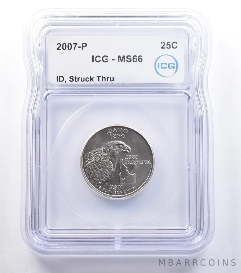2007-P Washington State Quarter Idaho Mint Error Struck Thru MS66 ICG *9595