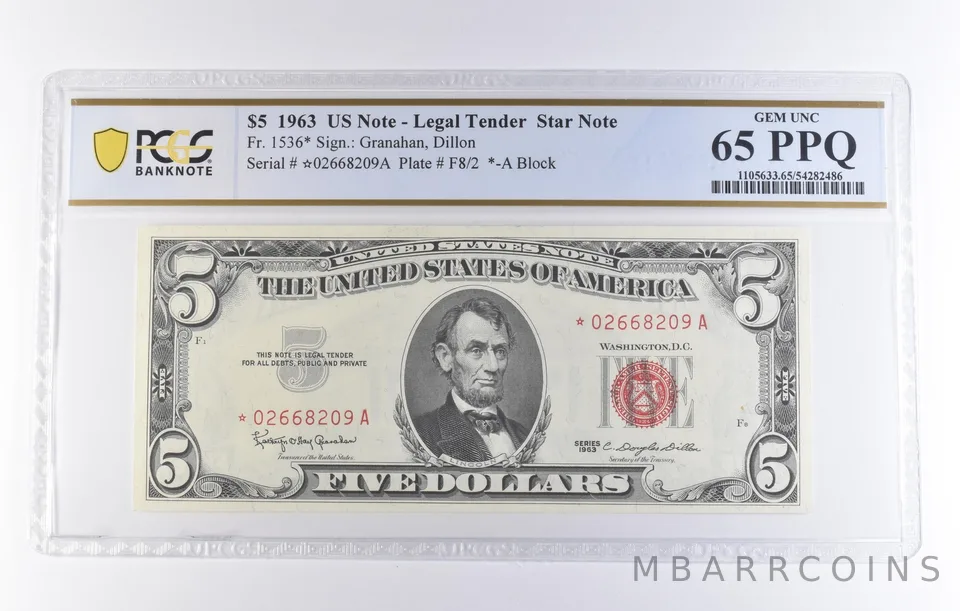 1963 $5 Legal Tender Star Note Fr#1536* Gem Unc 65 PPQ PCGS *8327