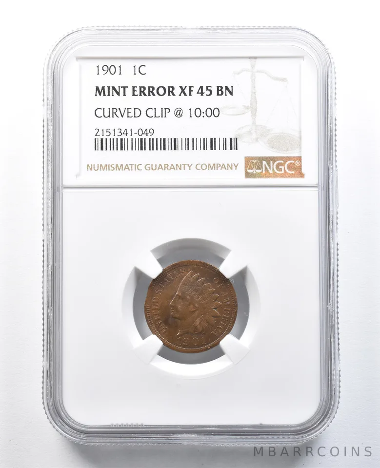 1901 Indian Head Cent Mint Error Curved Clip @ 10:00 XF45 BN NGC *8267