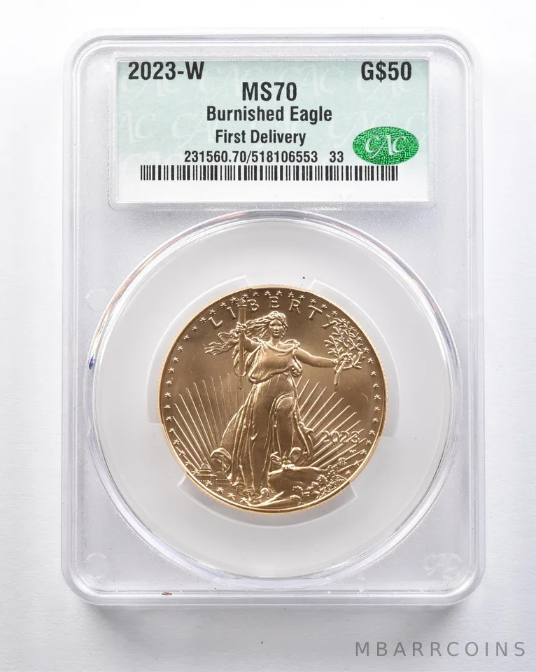 2023-W $50 Burnished Gold Eagle First Delivery 1 Oz Gold MS70 CAC CACg *2121