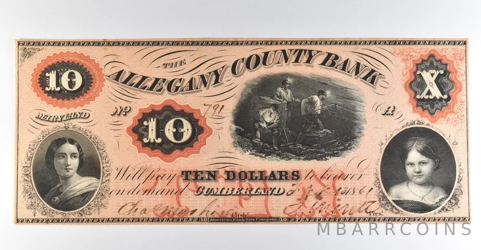1861 $10 Cumberland MD Allegany County Bank Obsolete Note *8498