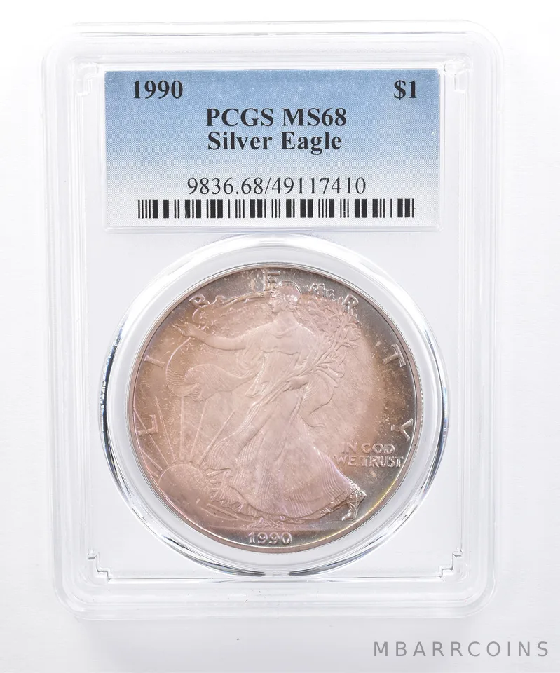 1990 American Silver Eagle MS68 PCGS Purple Tone *8444