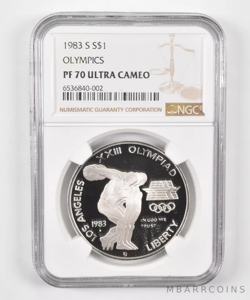 1983-S Olympic Discus Commemorative Dollar PF70 UCAM NGC Brown Label