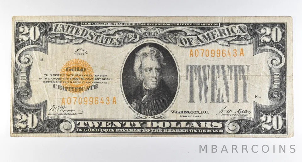 1928 $20 Gold Certificate Yellow Seal *8250