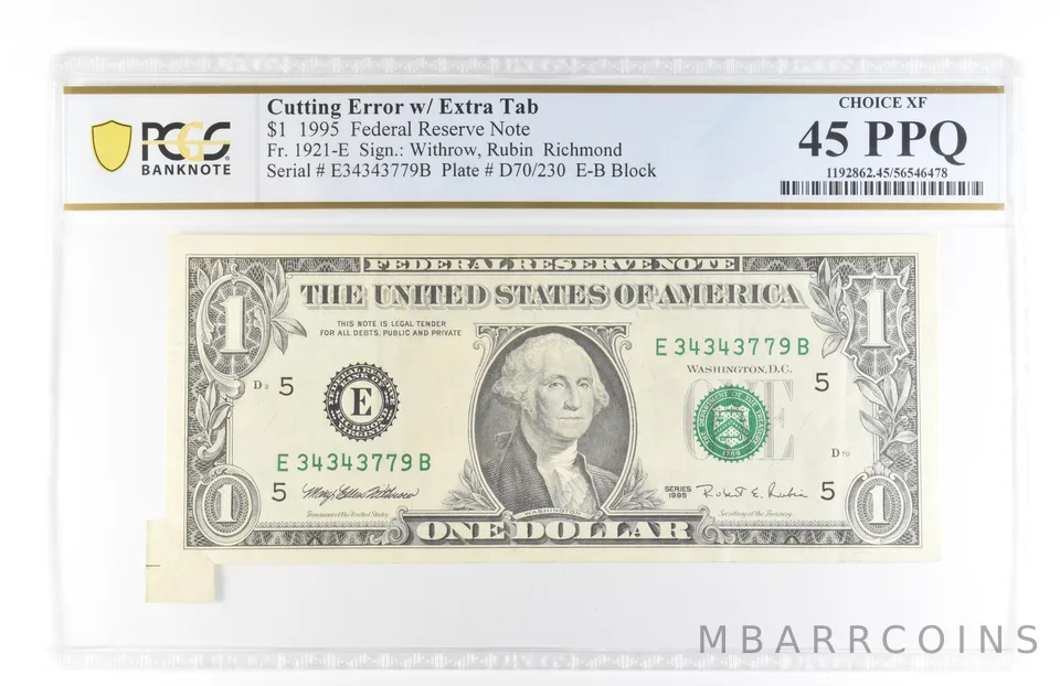 1995 $1 45 VA FRN Cutting Error W/ Extra Tab Fr#1921-E Choice PPQ PCGS *5838