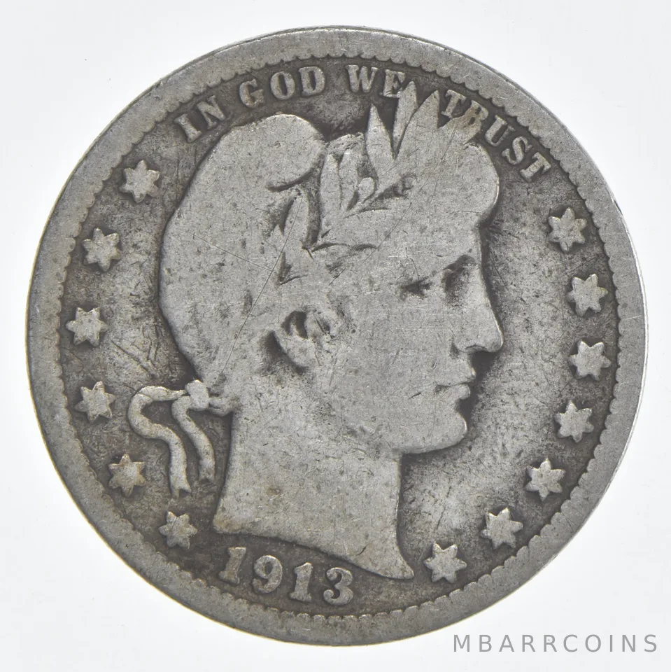 1913 (P) Barber Quarter 90% Silver VG Condition