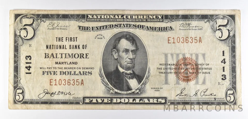 1929 $5 National Currency Baltimore MD Ch#1413 Brown Seal *4649