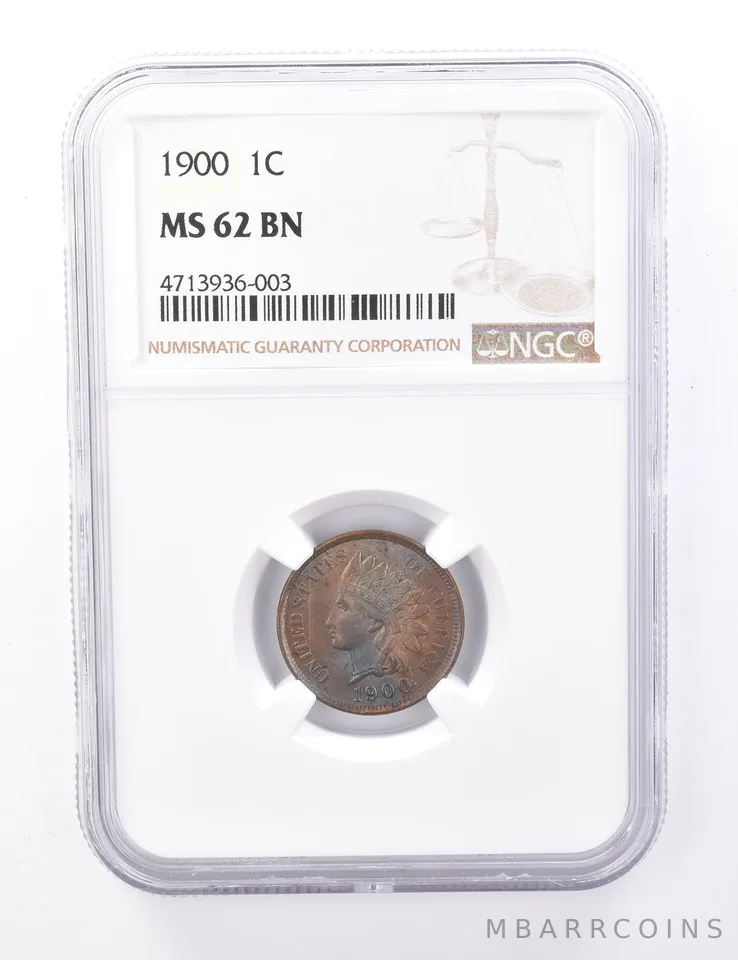 MS62 BN 1900 Indian Head Cent - Blue Tone - Graded NGC *1614
