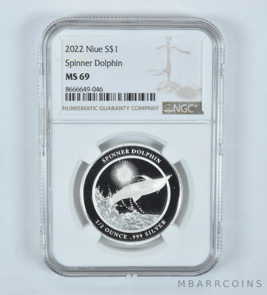 2022 Niue 1 Dollar Silver Spinner Dolphin 1/2 Oz MS69 NGC Brown Label