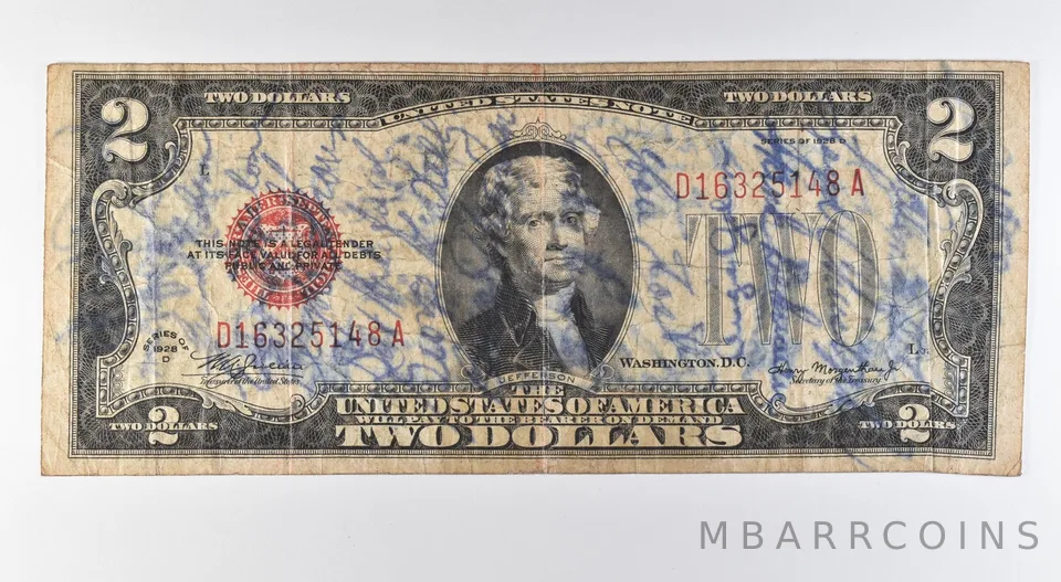 1928 D $2 US Note Red Seal Short Snorter WWII *9649