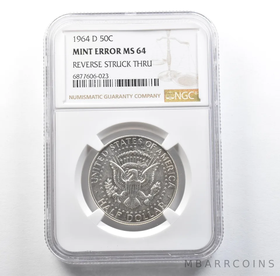 1964-D Kennedy Half Dollar Mint Error Reverse Struck Thru MS64 NGC *3125