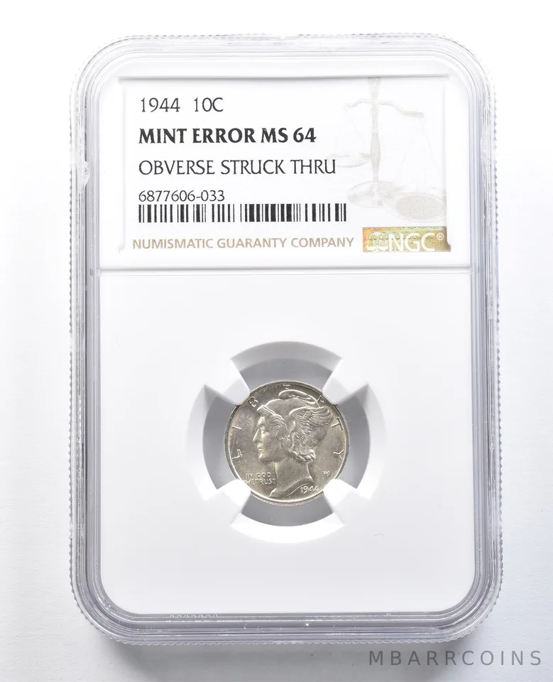 1944 Mercury Dime Mint Error Obverse Struck Thru MS64 NGC *8209