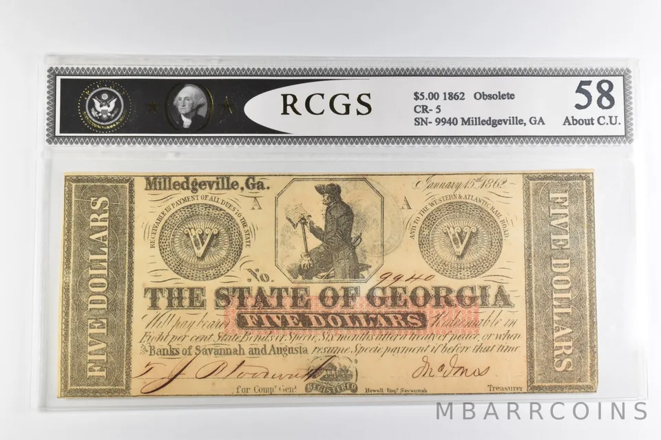 $5 1862 Milledgeville, GA State Of Georgia Note *8187