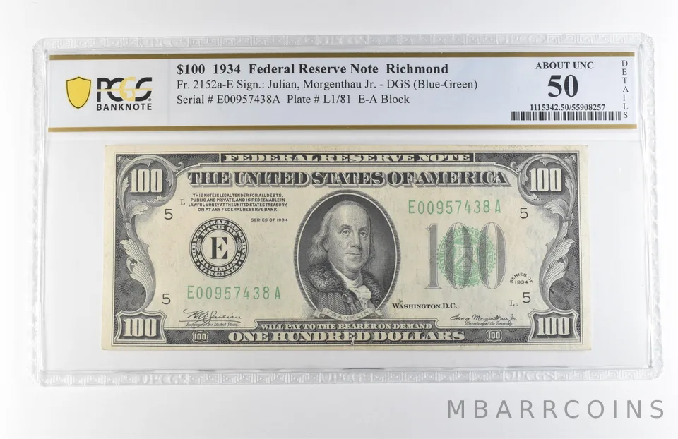 1934 $100 Richmond VA FRN Fr#2152a-E DGS (Blue-Green) AU 50 Details PCGS *7888