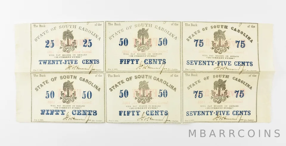 Lot (6) 1863 25/50/75 Cents State Of South Carolina Obsolete Note Uncut *8935