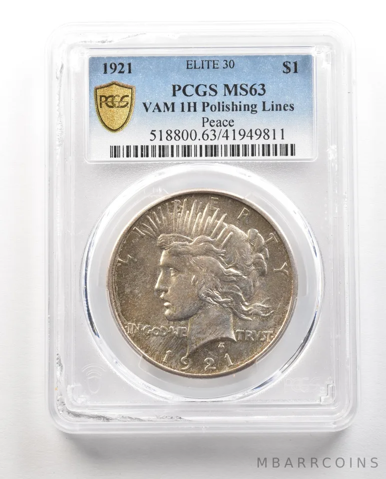 1921 Peace Silver Dollar VAM 1H Polishing Lines Elite 30 MS63 PCGS a4836