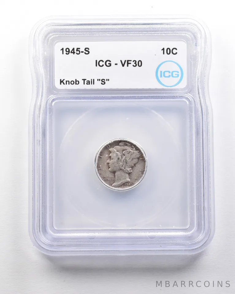 1945-S Mercury Dime Mint Error Knob Tail "S" VF30 ICG *1621