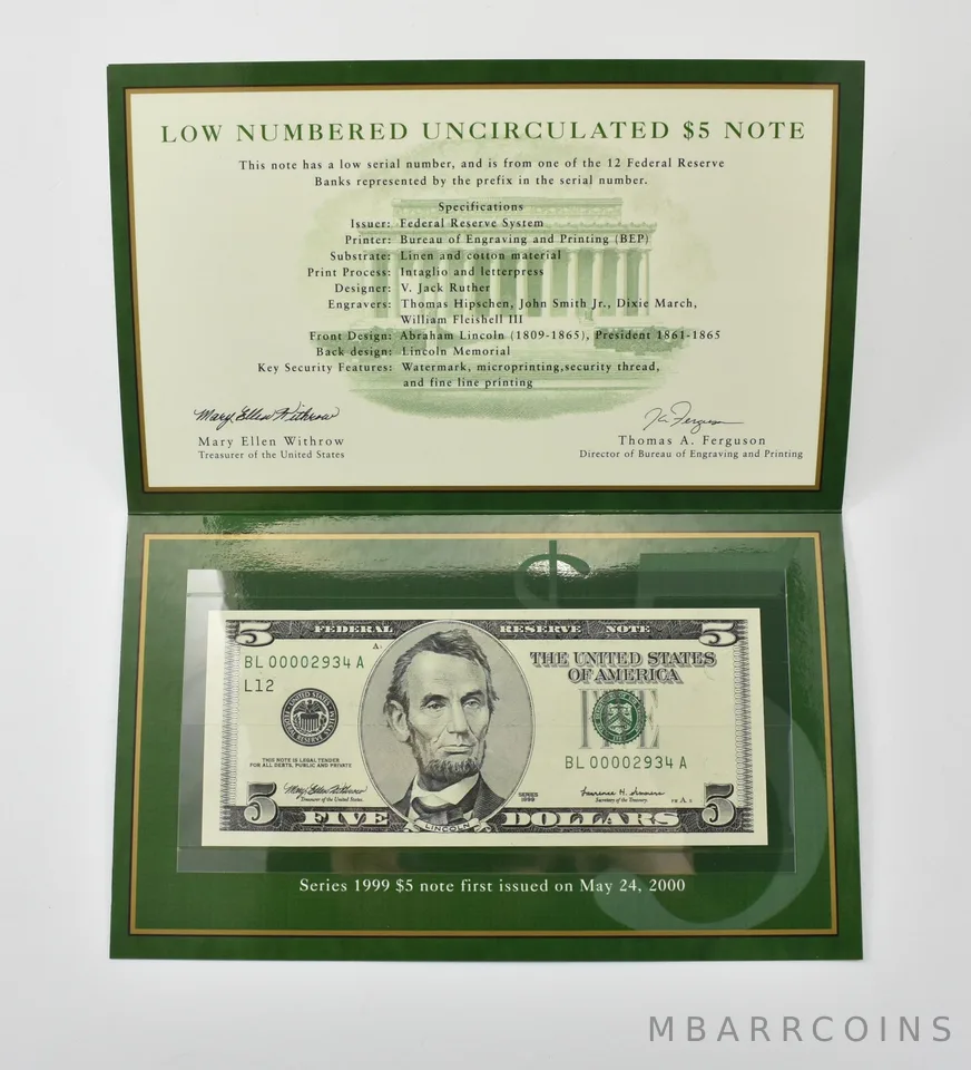 1999 $5 FRN L Bank Low Serial Number BEP *0382