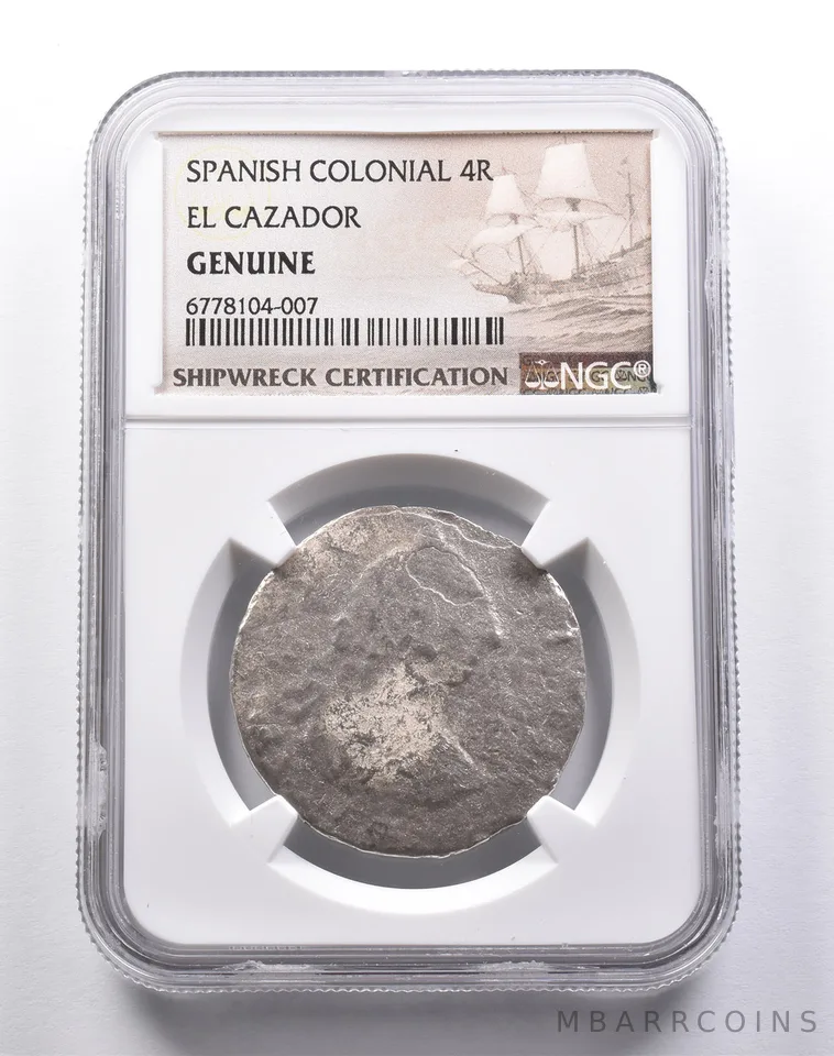 Genuine El Cazador Spanish Colonial 4 Reales NGC Shipwreck Certification *3689