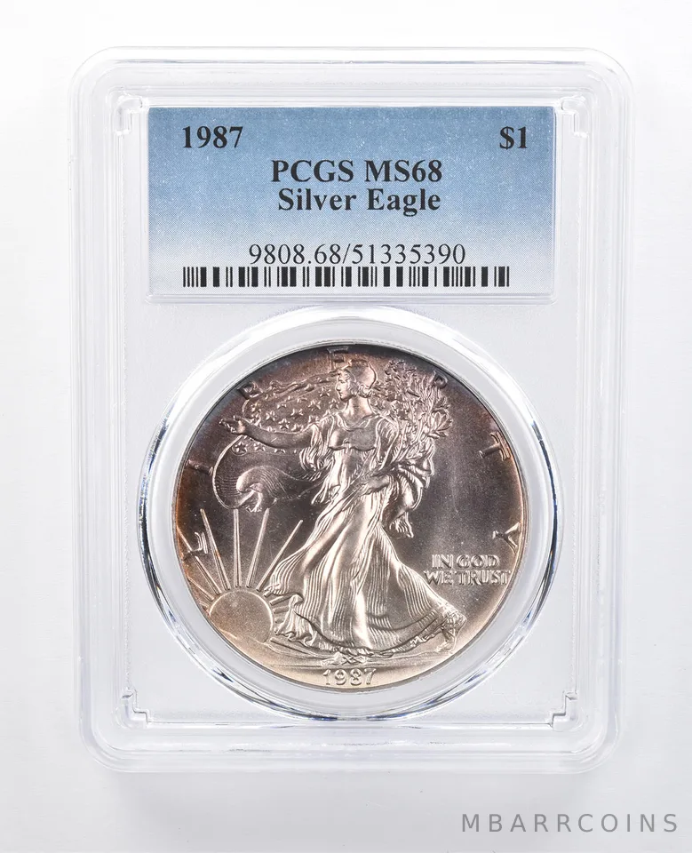 1987 American Silver Eagle MS68 PCGS Purple Sheen *8170