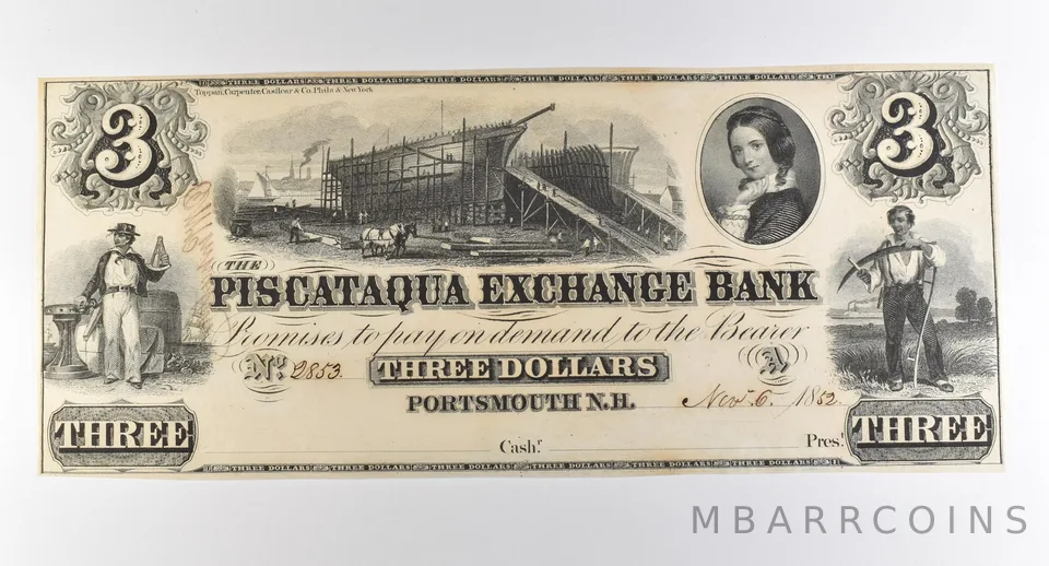 1852 $3 Portsmouth NH Piscataqua Exchange Bank Obsolete Note *3811