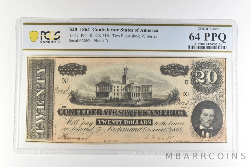 1864 $20 Confederate States T-67 PF-10 CR-510 Choice Unc 64 PPQ PCGS *4442