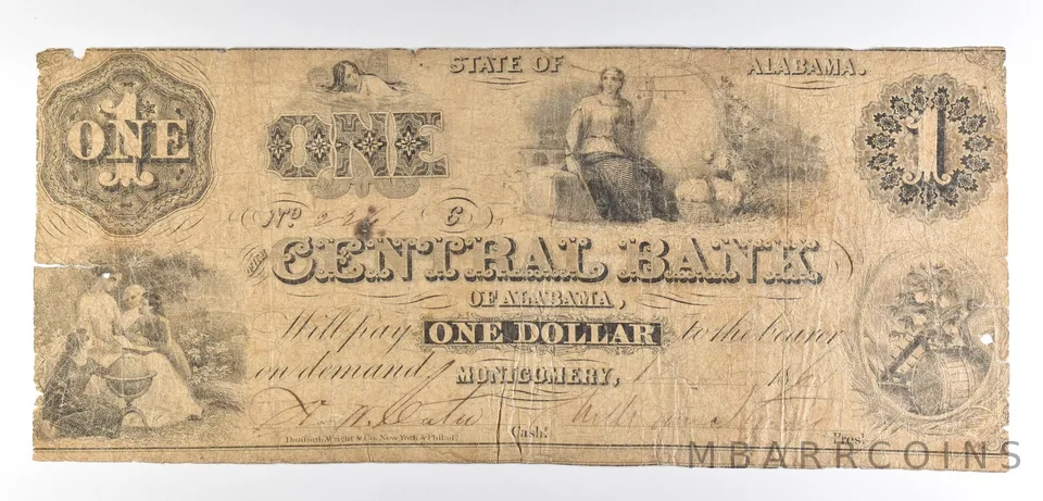 1861 $1 Montgomery AL Central Bank Obsolete Note *8636