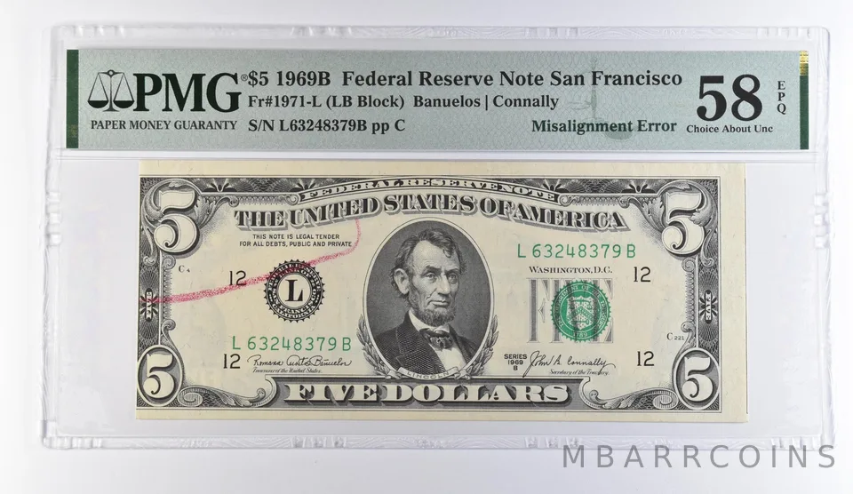 1969 B $5 San Francisco FRN Misalign Error Fr#1971-L Choice AU 58 EPQ PMG *9444