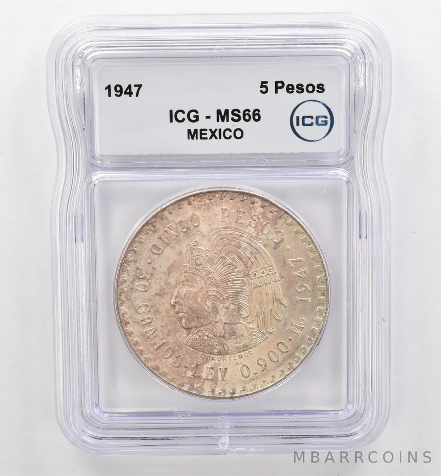 1947 Mo Mexico 5 Pesos MS66 ICG Beautiful Tone *9498