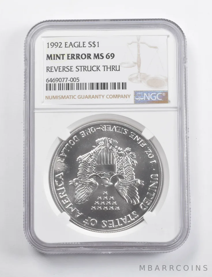 Mint Error MS69 1992 American Silver Eagle REV Struck Thru NGC a3449