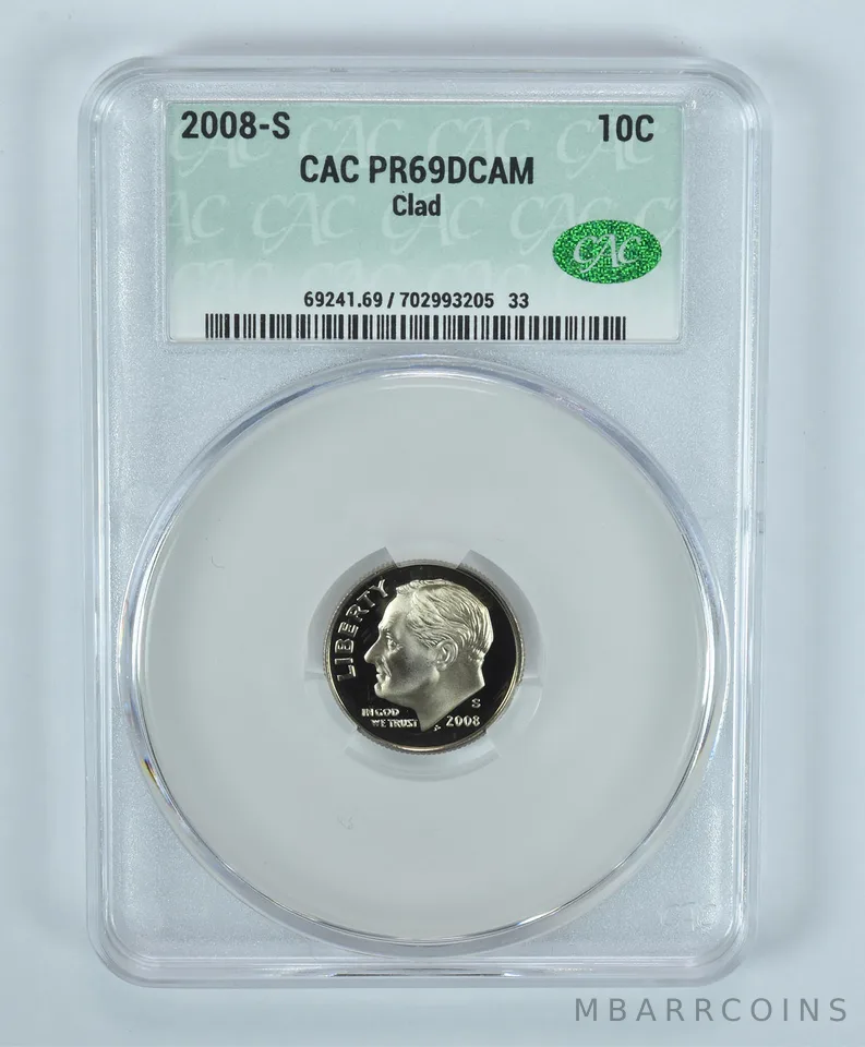 2008-S Roosevelt Dime CLAD PR69 DCAM CAC CACg