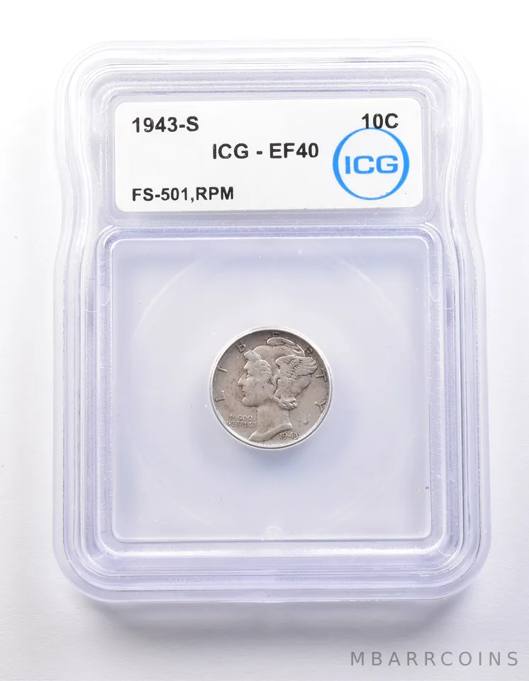 1943-S Mercury Dime FS-501 RPM EF40 ICG *9826