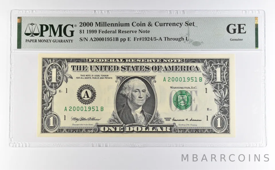 2000 Millennium Coin & Currency $1 1999 FRN Boston MA Low Serial 1951 PMG a4599