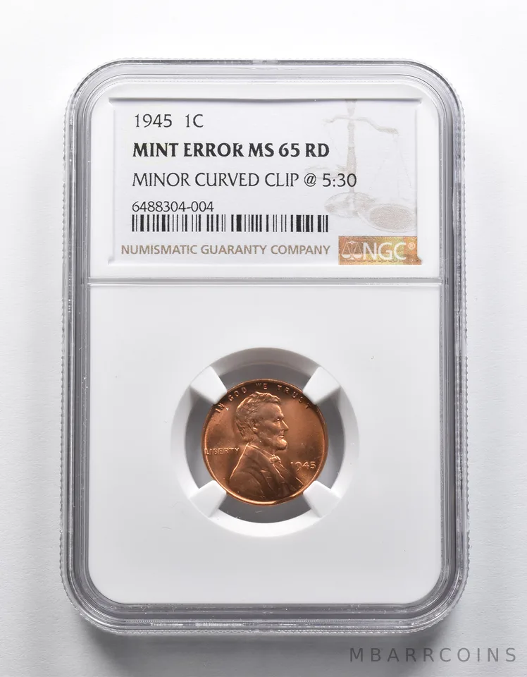 Mint Error MS65 RD 1945 Lincoln Wheat Cent Minor Curved Clip @5:30 NGC a1887
