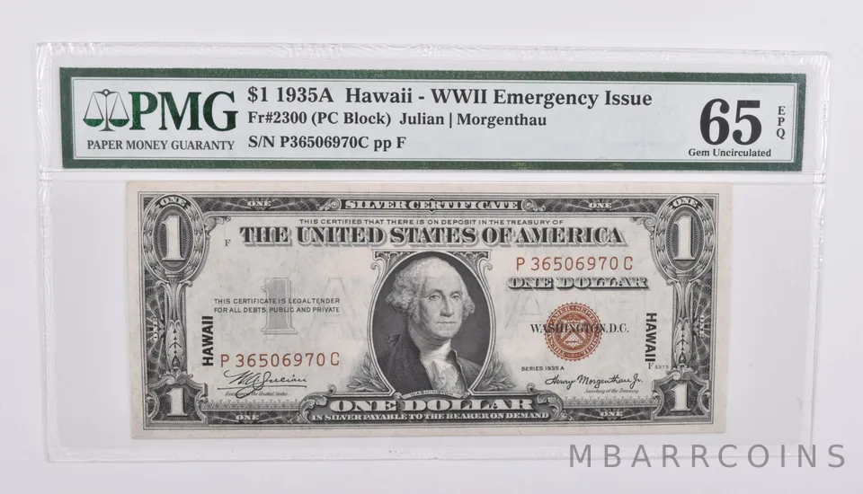 $1 1935-A Hawaii Emergency Issue WWII Brown Seal 65 EPQ PMG Fr# 2300