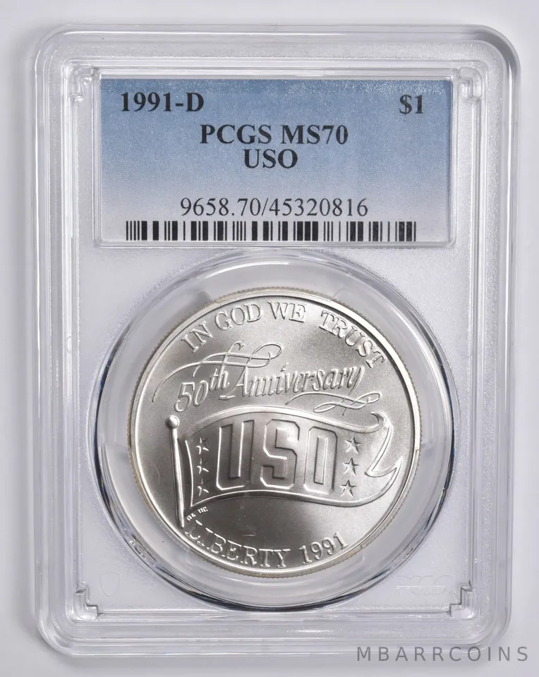 1991-D USO Commemorative Dollar MS70 PCGS Blue Label