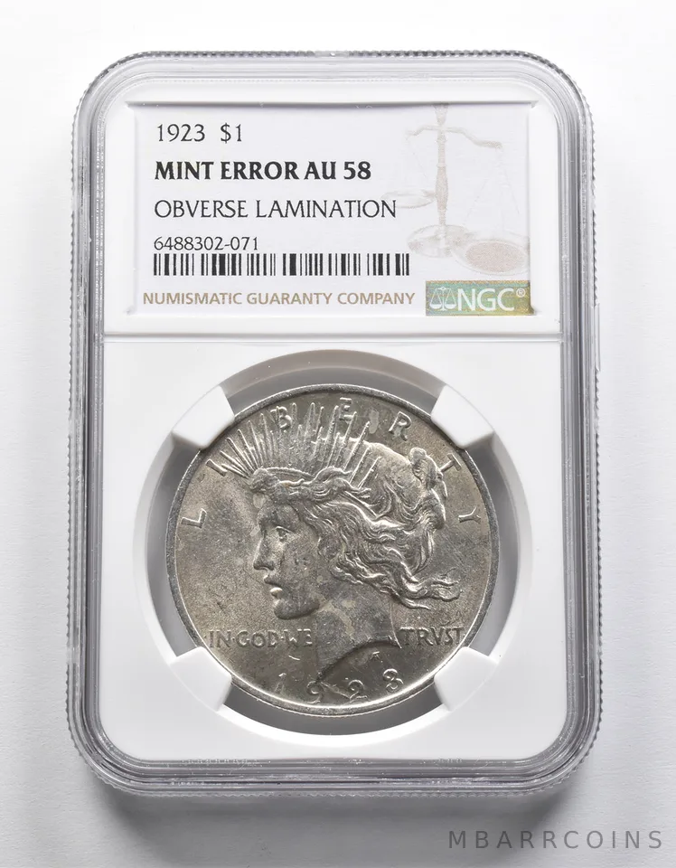 Mint Error AU58 1923 Peace Silver Dollar OBV Lamination NGC *1985