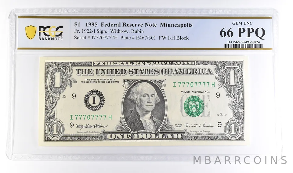 1995 $1 Minneapolis FRN Fr#1922-I Gem Unc 66 PPQ PCGS Near Solid 7 Serial *6130