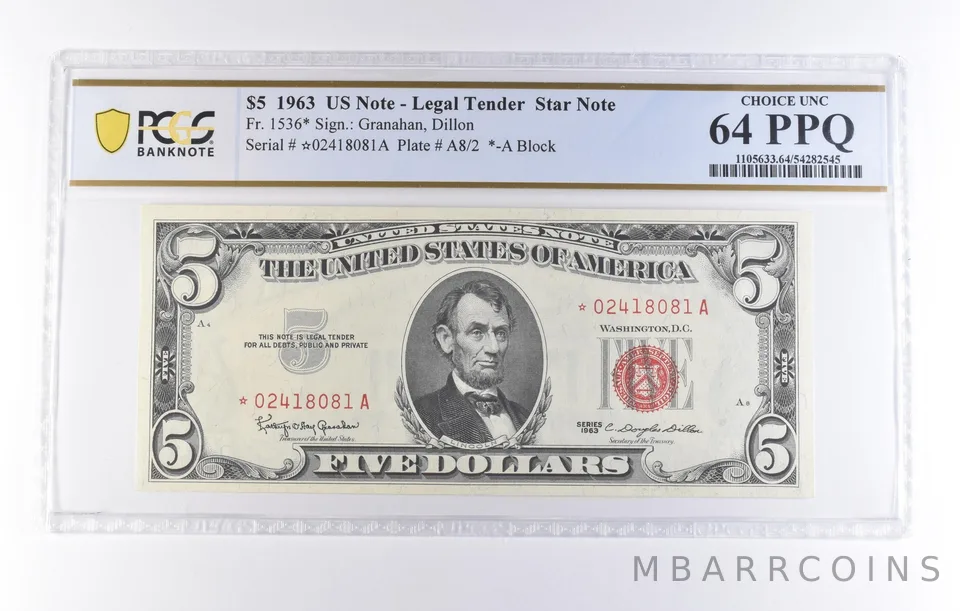 1963 $5 Legal Tender Star Note Fr#1536* Choice Unc 64 PPQ PCGS *8227