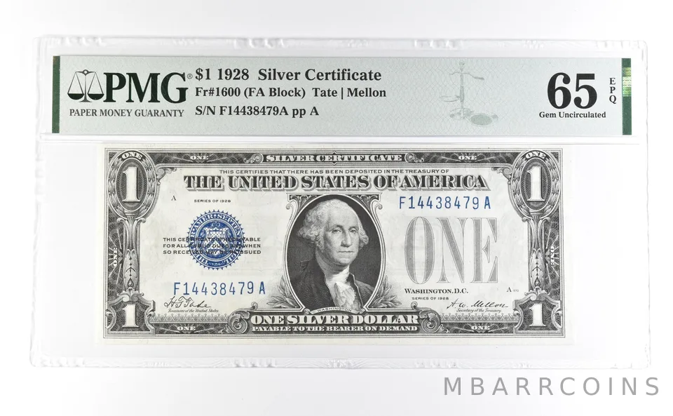 1928 $1 Silver Certificate Fr#1600 Gem Unc 65 EPQ PMG *7030