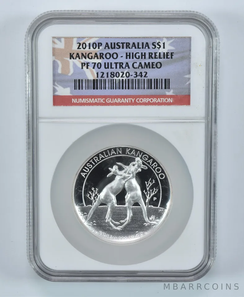 2010 P Australia Silver Dollar Kangaroo High Relief PF70 UCAM NGC Flag Label