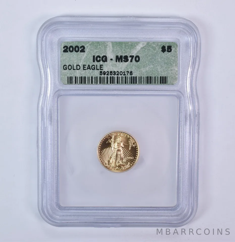 2002 $5 American Gold Eagle 1/10 Oz Gold MS70 ICG