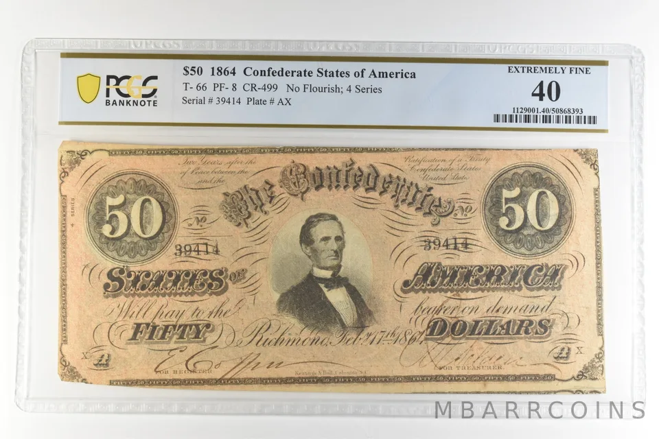1864 $50 Confederate States T-66 PF-8 CR-499 Extremely Fine 40 PCGS *4448